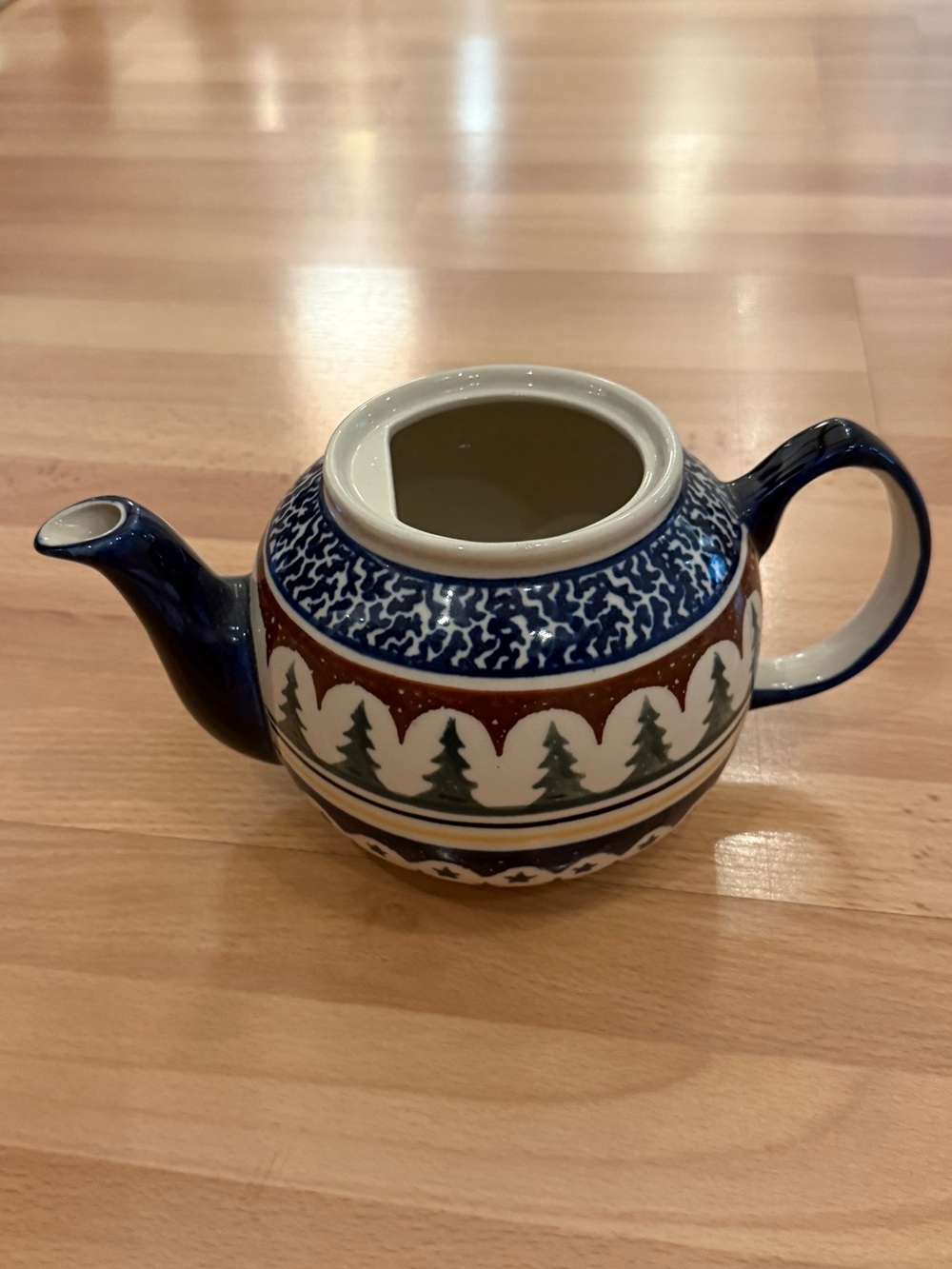 Hand-Painted Ceramic Teapot in Navy Blue and White with Forest Motif